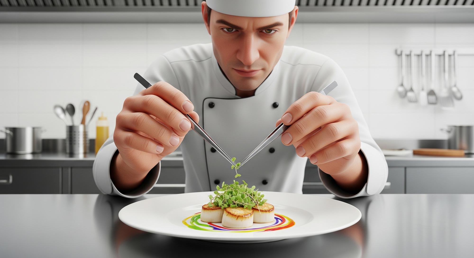Chef giovane che fotografa un piatto colorato su tavolo in cucina